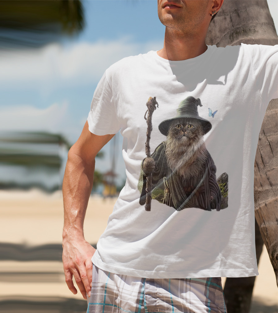 Cat The Mountain Wizard Catdalf Cat With Staff And Hat T-Shirt