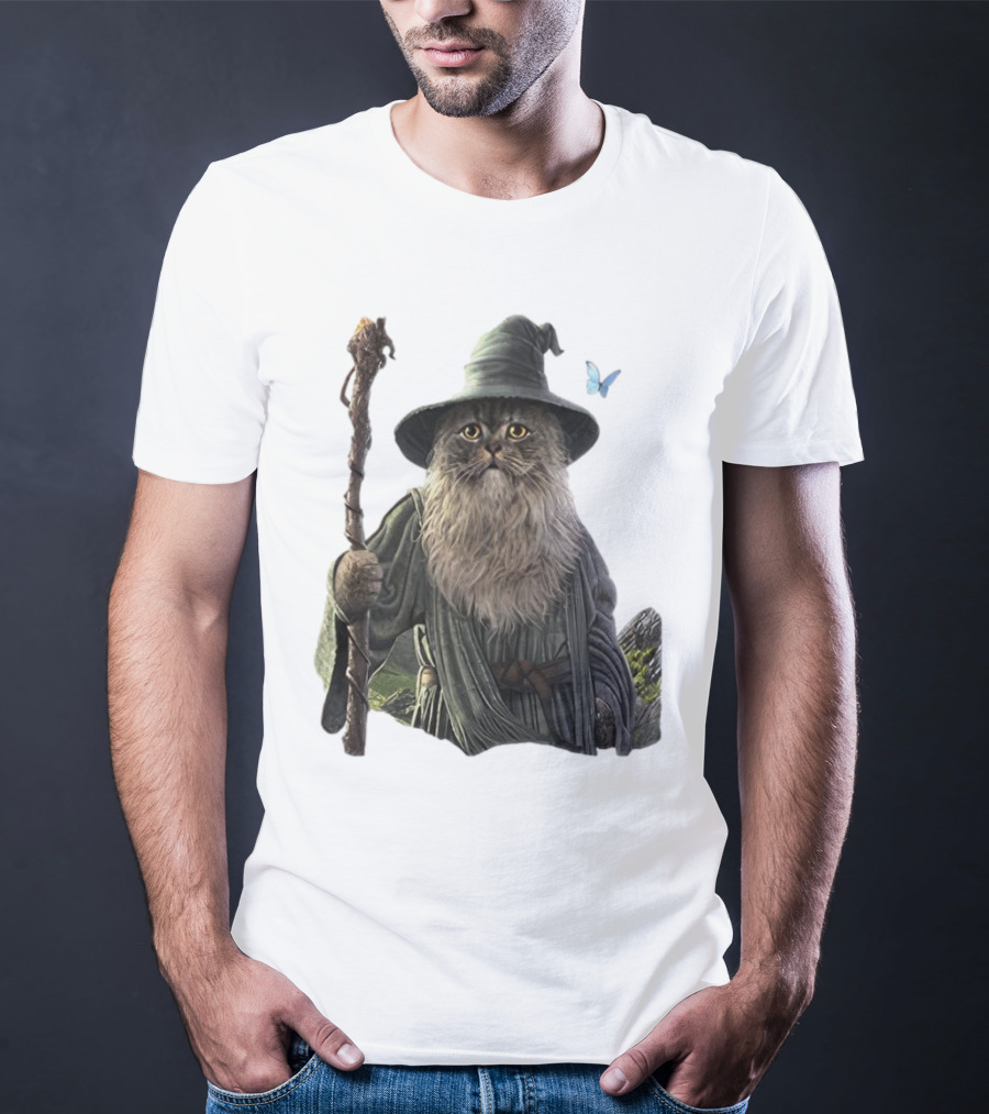 Cat The Mountain Wizard Catdalf Cat With Staff And Hat T-Shirt
