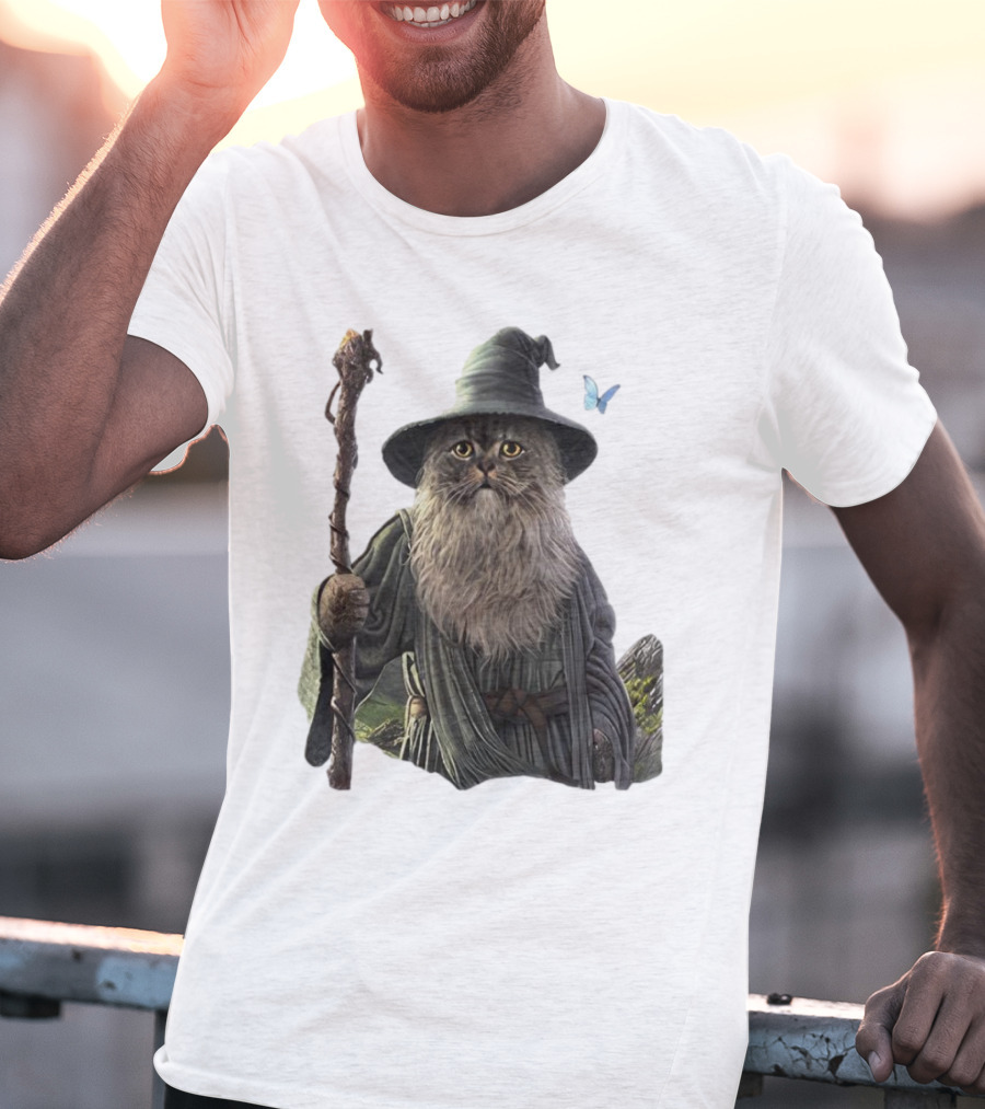 Cat The Mountain Wizard Catdalf Cat With Staff And Hat T-Shirt