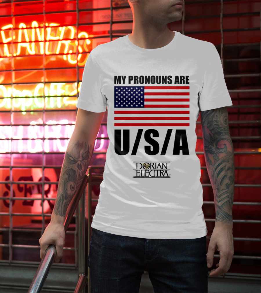 My Pronouns Are USA Dorian Electra American Flag T-Shirt