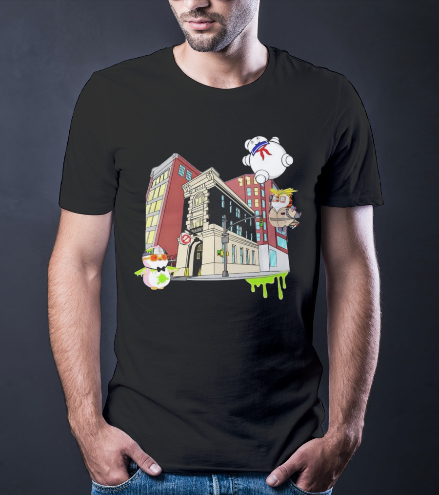 Stay Puft Marshmallow Man Pudgy Penguins Ghostbusters Firehouse Scene T-Shirt