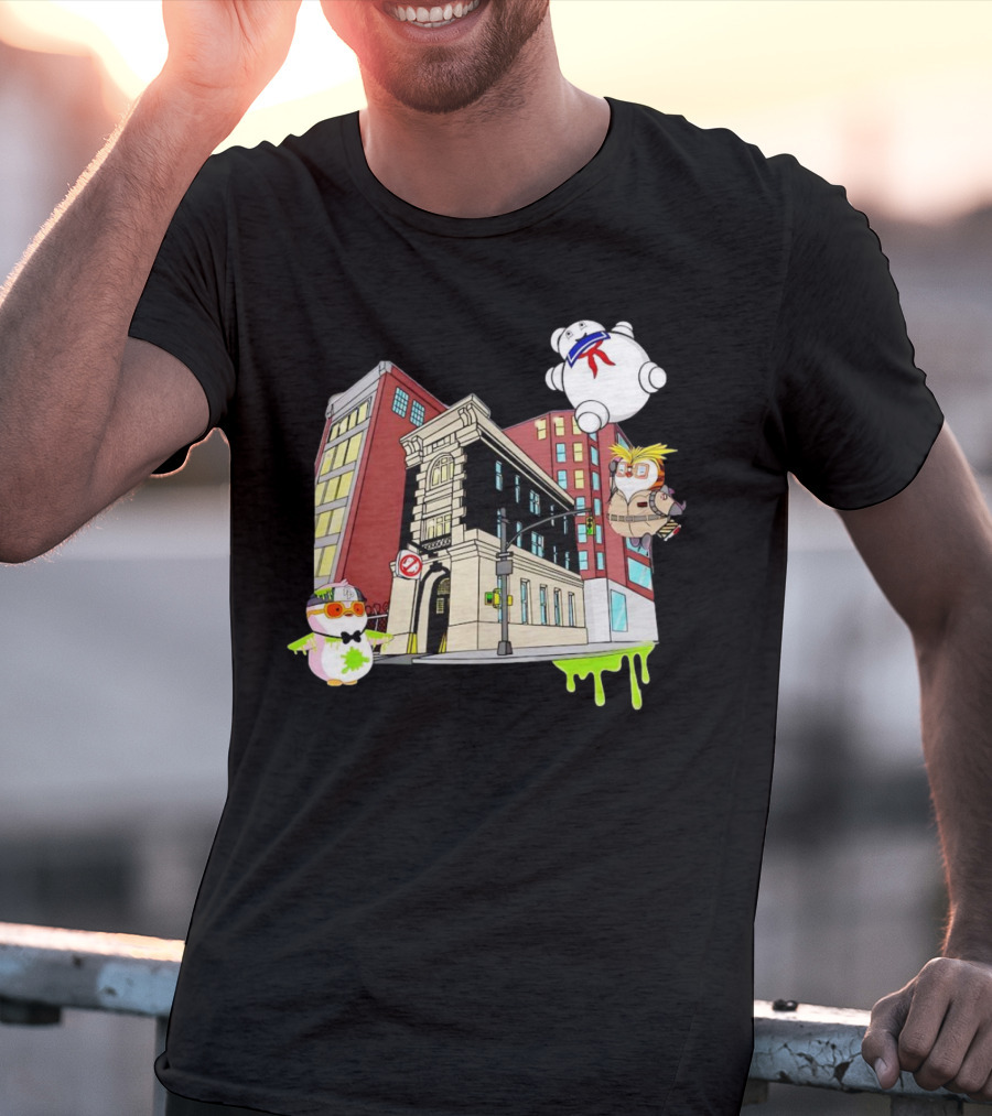 Stay Puft Marshmallow Man Pudgy Penguins Ghostbusters Firehouse Scene T-Shirt