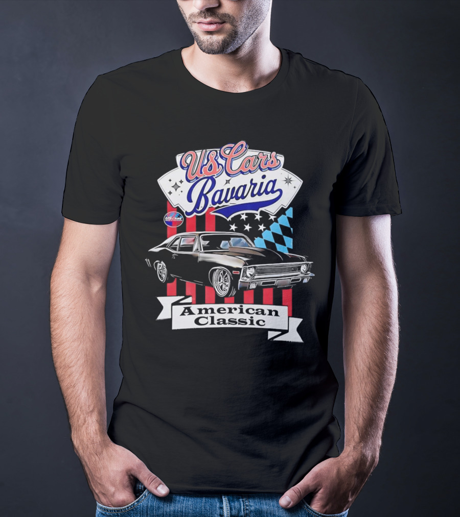 US Cars Bavaria American Classic With Black Muscle Car And Checkered Flags T-Shirt