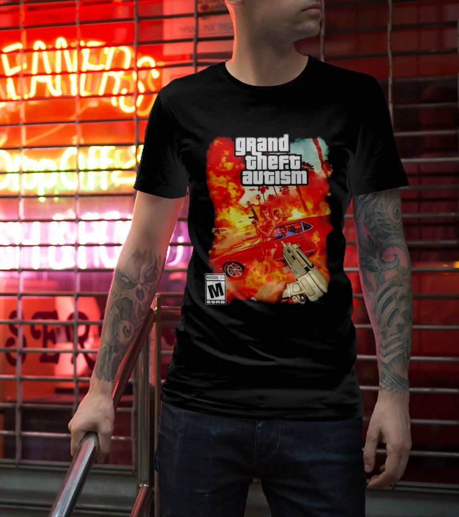 Grand Theft Autism Video Game Cover Parody With Car And Weapon T-Shirt