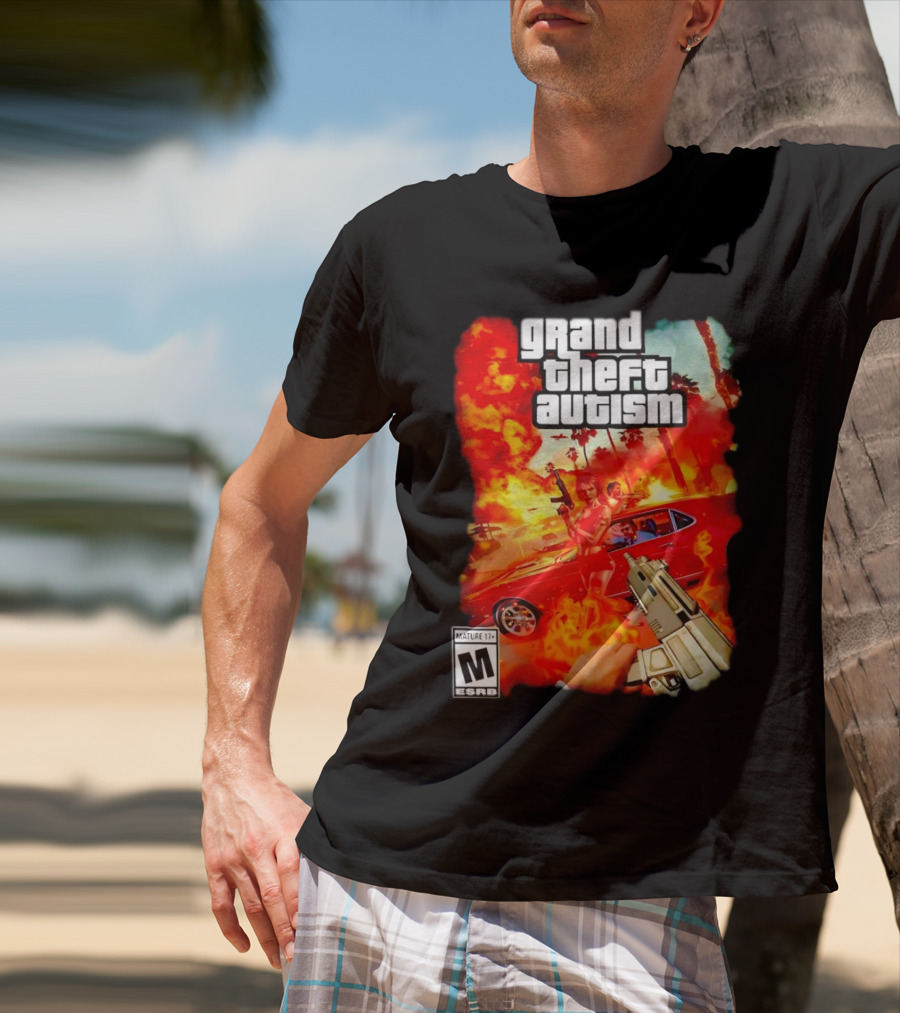 Grand Theft Autism Video Game Cover Parody With Car And Weapon T-Shirt