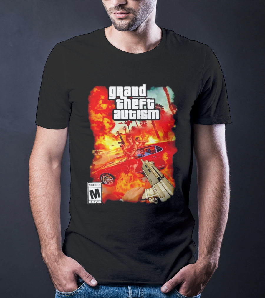 Grand Theft Autism Video Game Cover Parody With Car And Weapon T-Shirt