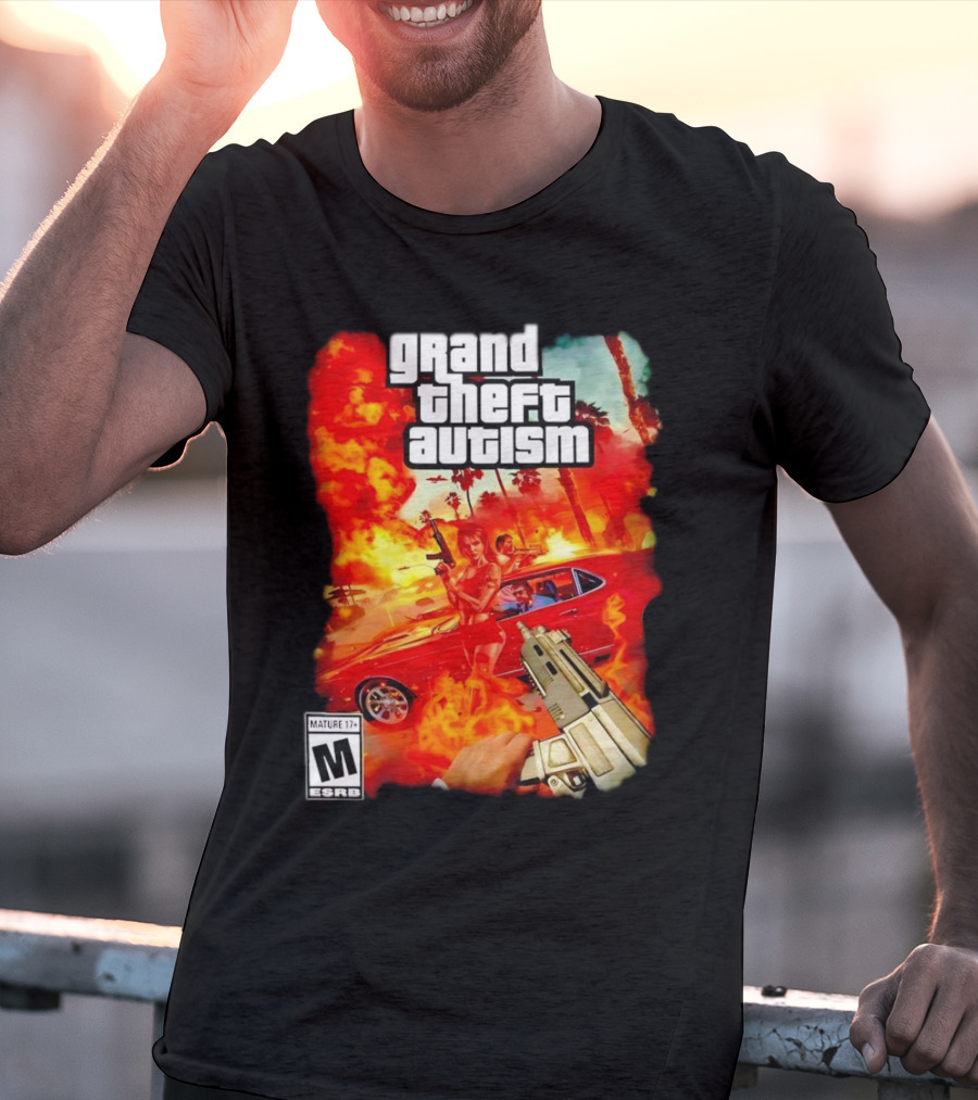 Grand Theft Autism Video Game Cover Parody With Car And Weapon T-Shirt