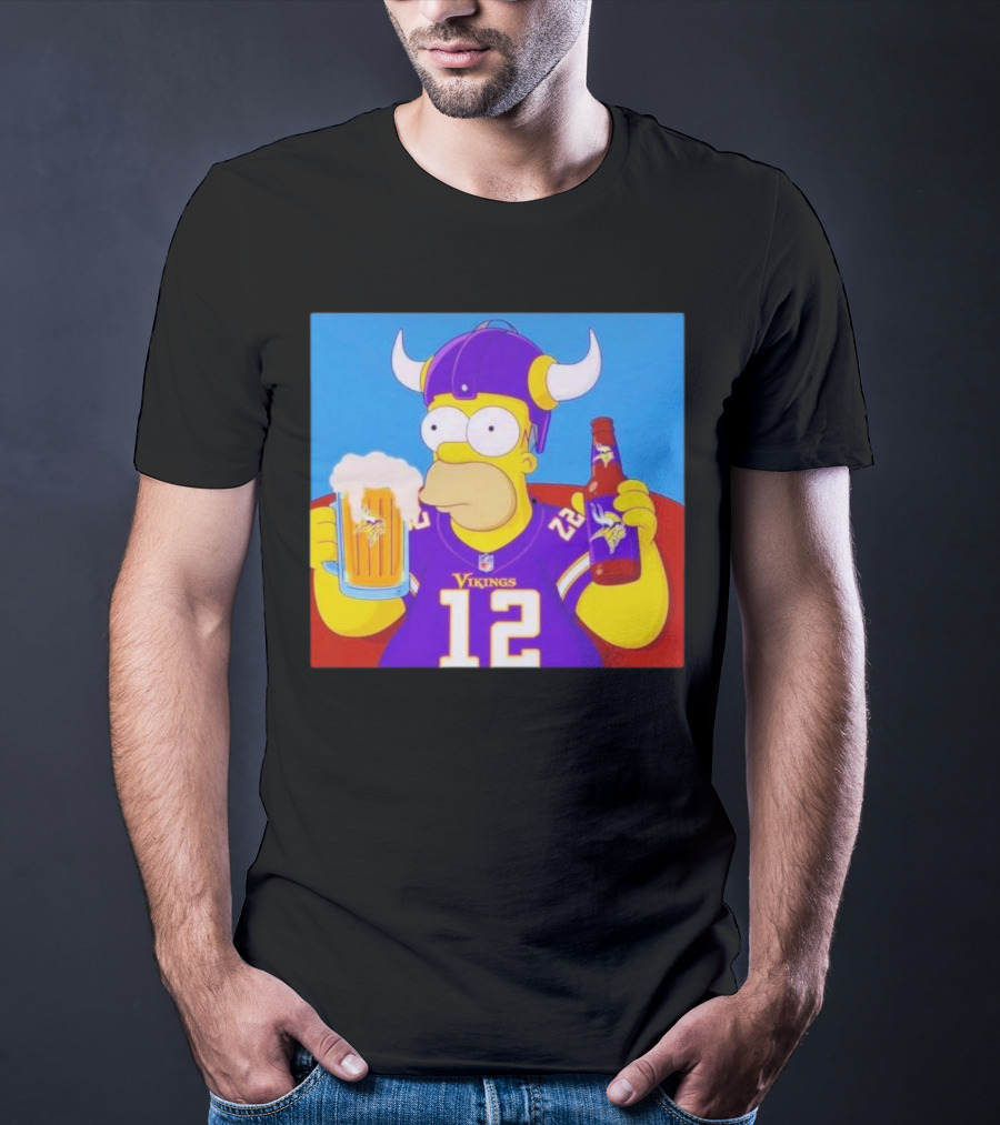Homer Simpson In Minnesota Vikings Gear Drinking Beer T-Shirt