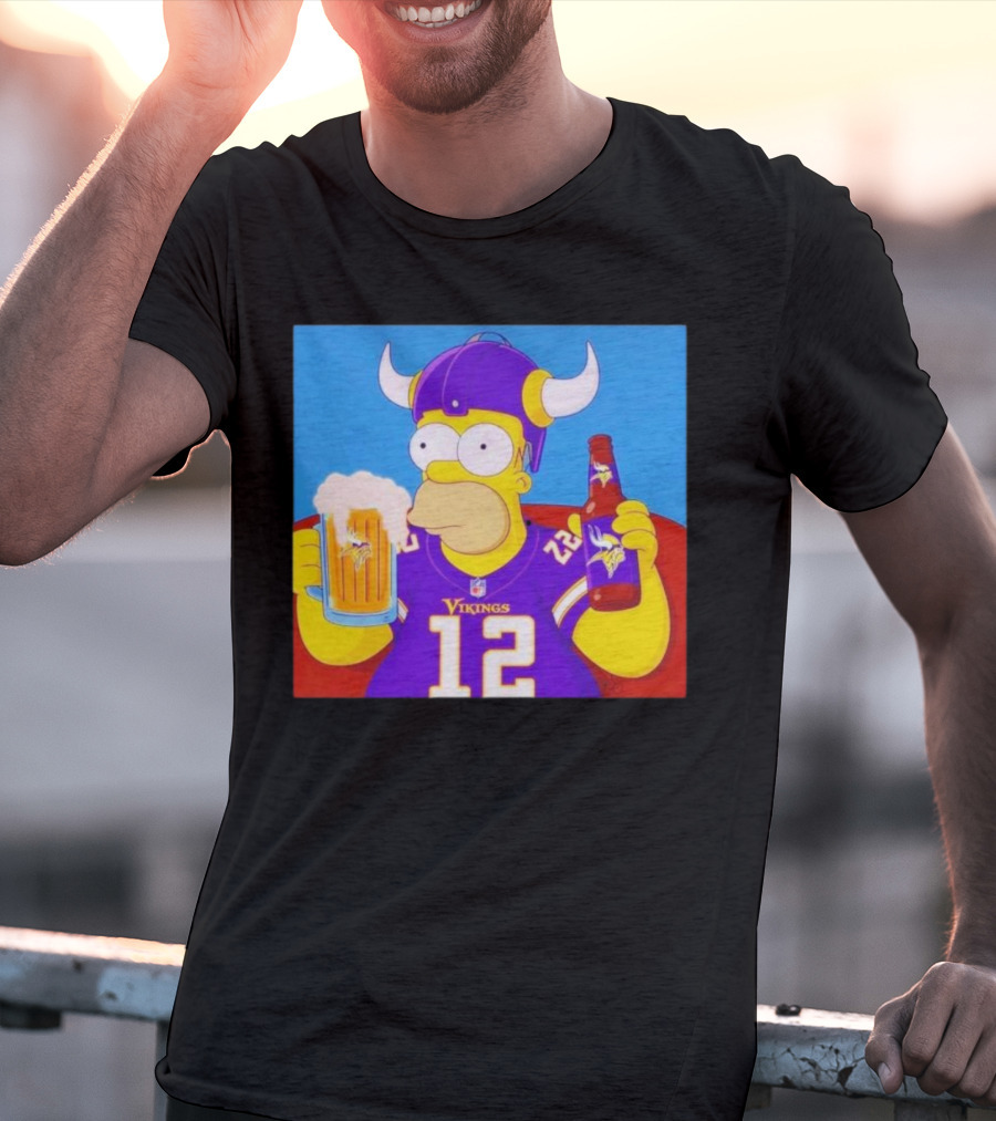 Homer Simpson In Minnesota Vikings Gear Drinking Beer T-Shirt