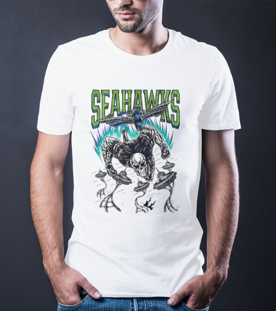 Seattle Seahawks Skeleton With Winged Bird And Blue Flames T-Shirt