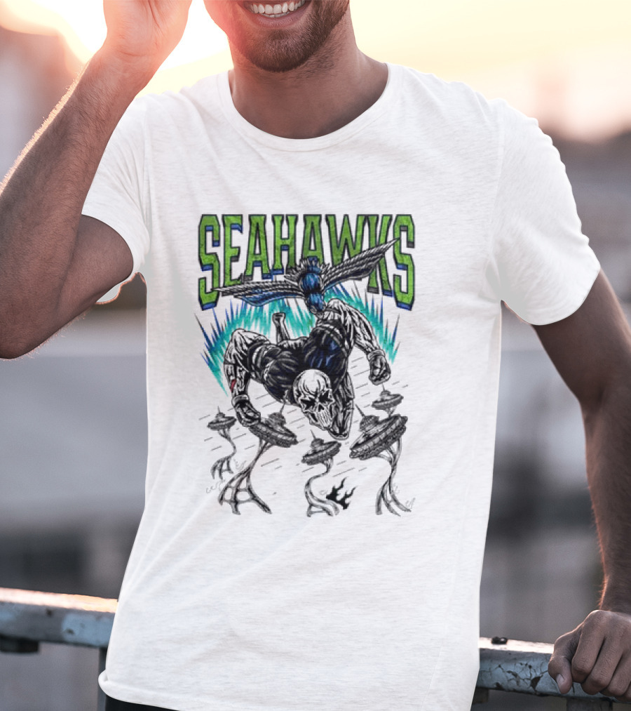 Seattle Seahawks Skeleton With Winged Bird And Blue Flames T-Shirt