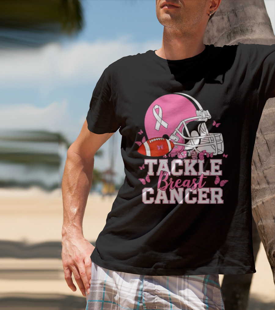 Tackle Breast Cancer Awareness Pink Football Helmet Ribbon Butterflies T-Shirt