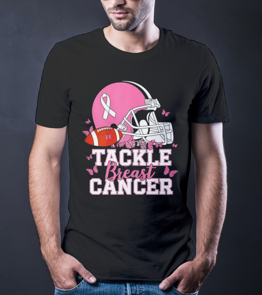 Tackle Breast Cancer Awareness Pink Football Helmet Ribbon Butterflies T-Shirt