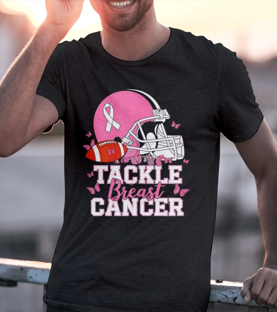 Tackle Breast Cancer Awareness Pink Football Helmet Ribbon Butterflies T-Shirt