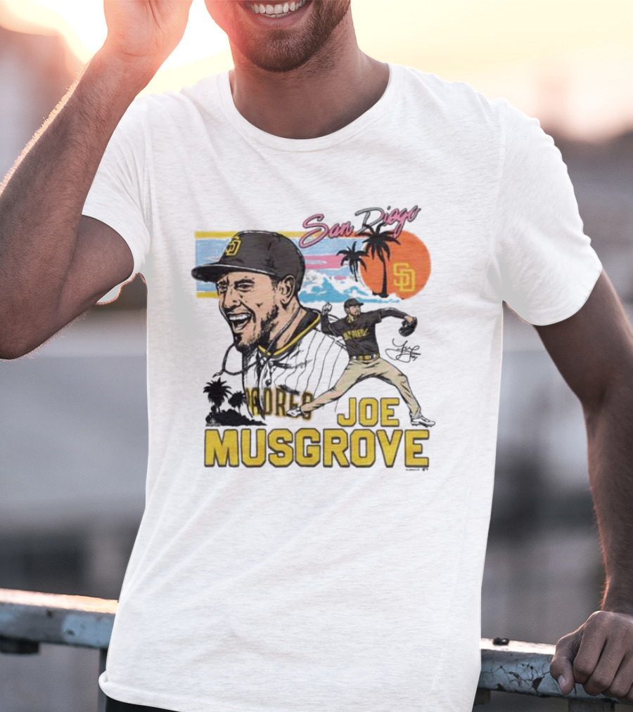Joe Musgrove San Diego Padres Sunset Palm Trees Signature Caricature T-Shirt