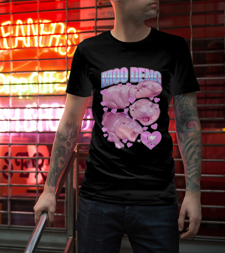 Moo Deng I Love You Pink Hippo Hearts T-Shirt