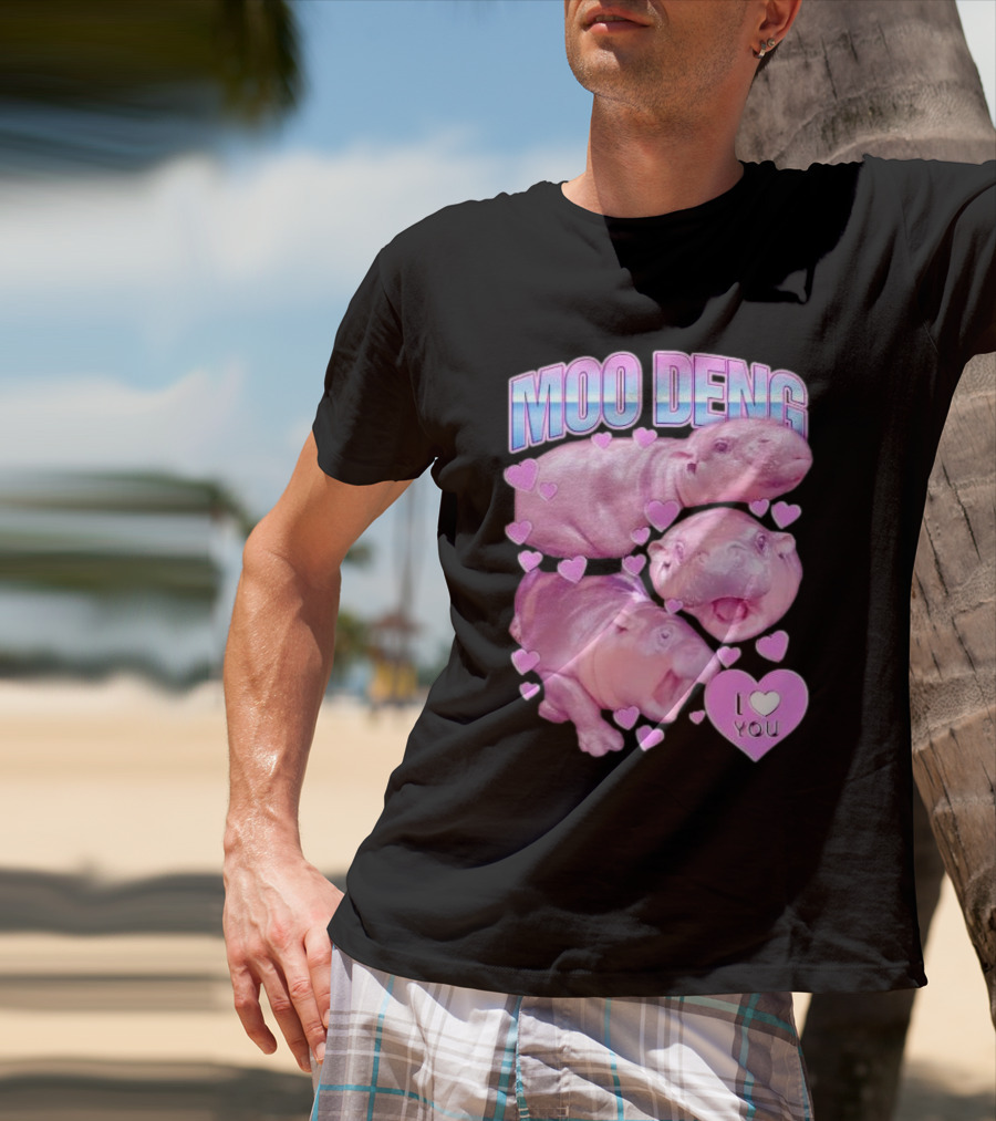Moo Deng I Love You Pink Hippo Hearts T-Shirt