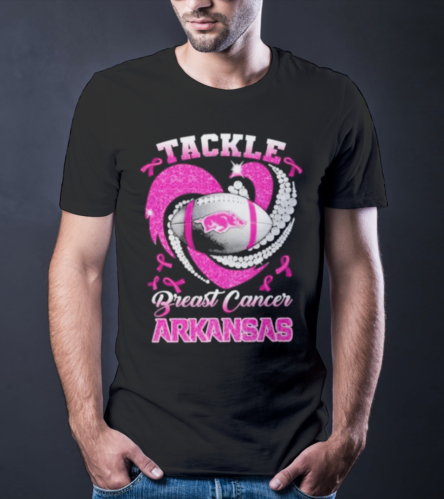 Arkansas Razorbacks Tackle Breast Cancer Pink Ribbon Heart Football T-Shirt