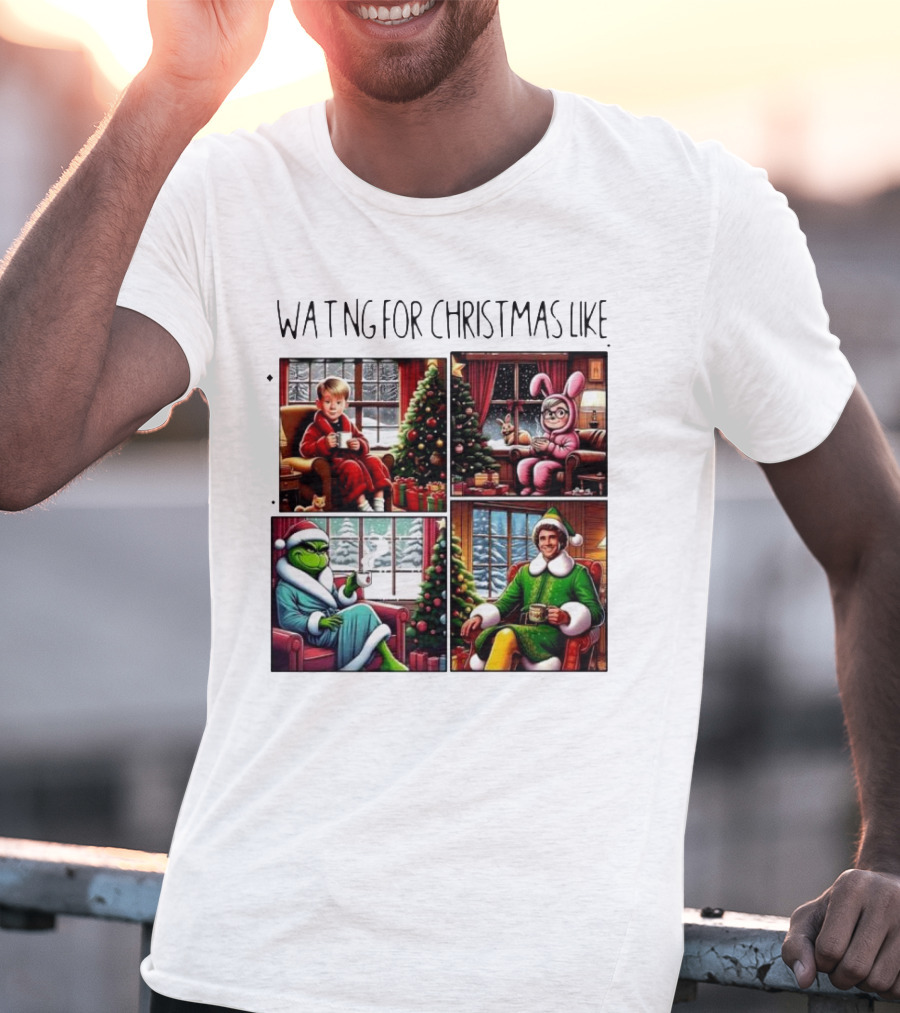 Waiting For Christmas Like Iconic Holiday Characters With Christmas Tree And Cozy Living Room Scene T-Shirt