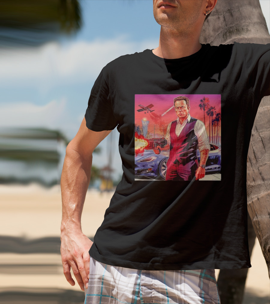 Grand Theft Auto Elon Musk Sunset Shootout With Palm Trees And Jetstream T-Shirt