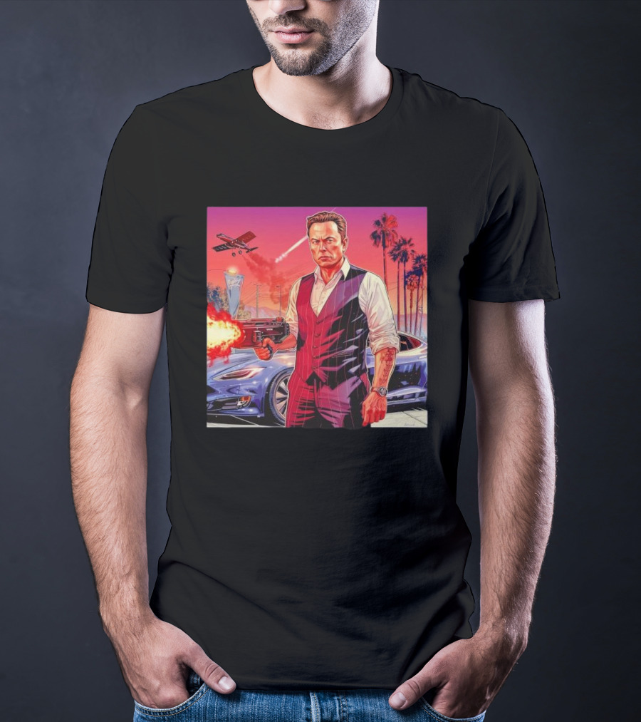 Grand Theft Auto Elon Musk Sunset Shootout With Palm Trees And Jetstream T-Shirt