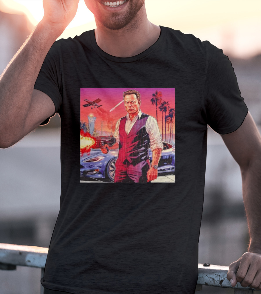 Grand Theft Auto Elon Musk Sunset Shootout With Palm Trees And Jetstream T-Shirt