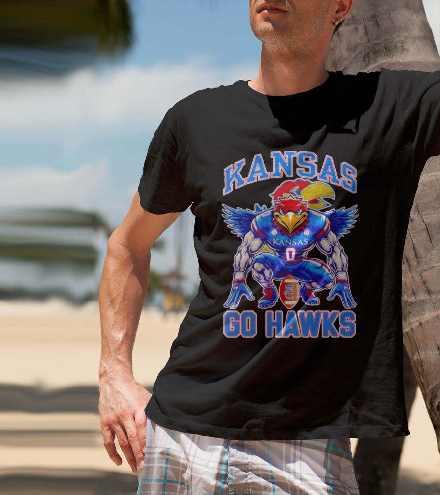 Kansas Jayhawks Go Hawks Fierce Mascot Football T-Shirt