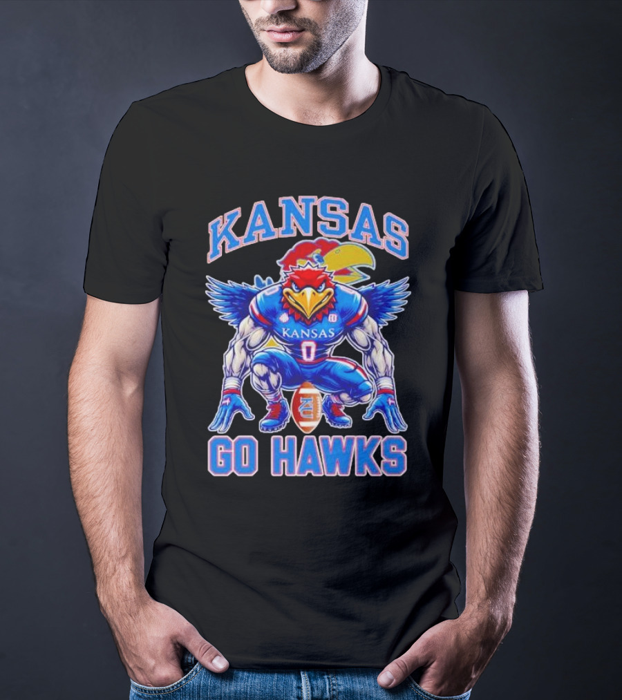 Kansas Jayhawks Go Hawks Fierce Mascot Football T-Shirt