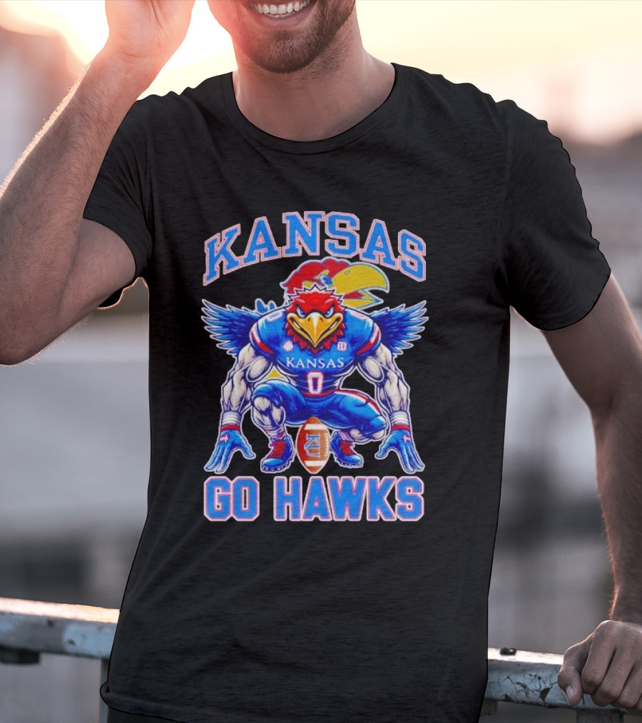 Kansas Jayhawks Go Hawks Fierce Mascot Football T-Shirt