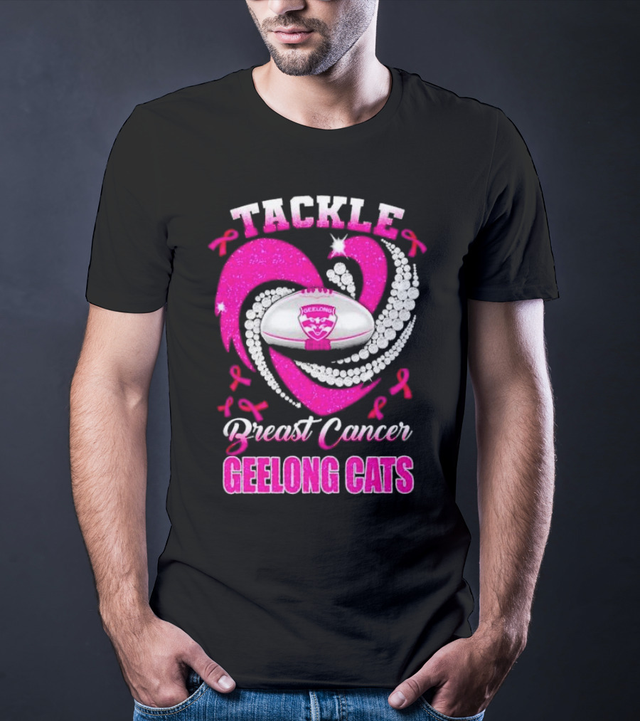 Tackle Breast Cancer Geelong Cats Pink Ribbon Football Heart T-Shirt