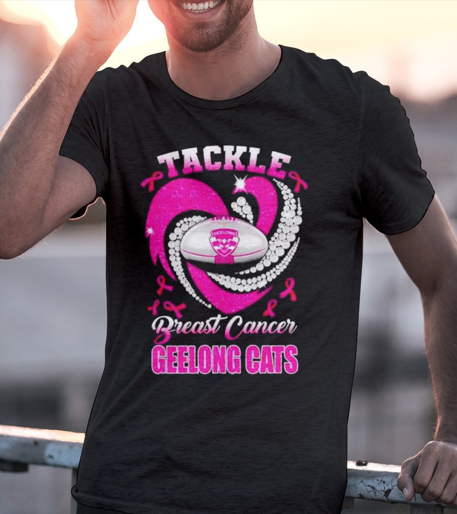 Tackle Breast Cancer Geelong Cats Pink Ribbon Football Heart T-Shirt
