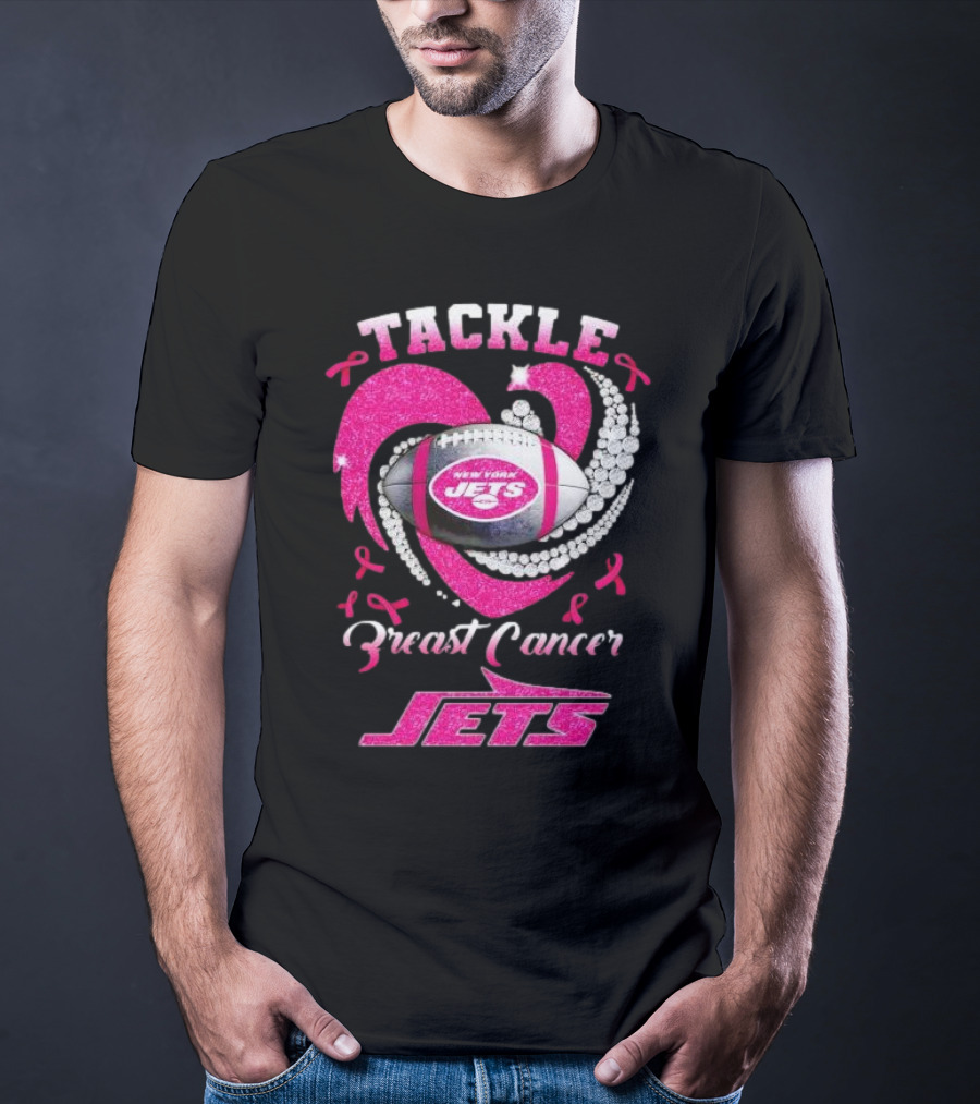 Tackle Breast Cancer New York Jets Football Heart Pink Ribbons T-Shirt