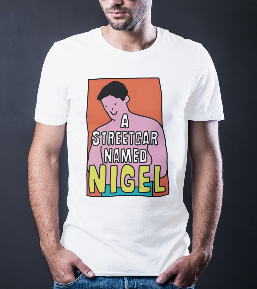 A Streetcar Named Nigel Pink Cartoon Character With Orange Background T-Shirt