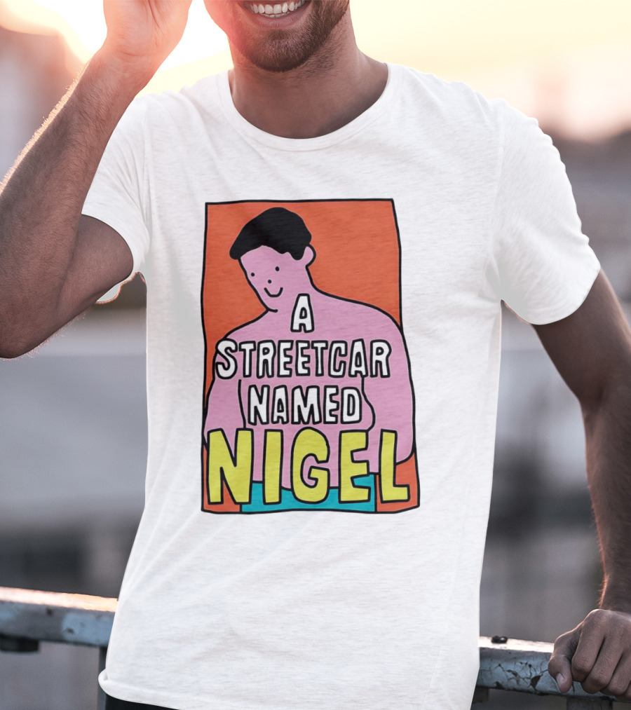 A Streetcar Named Nigel Pink Cartoon Character With Orange Background T-Shirt