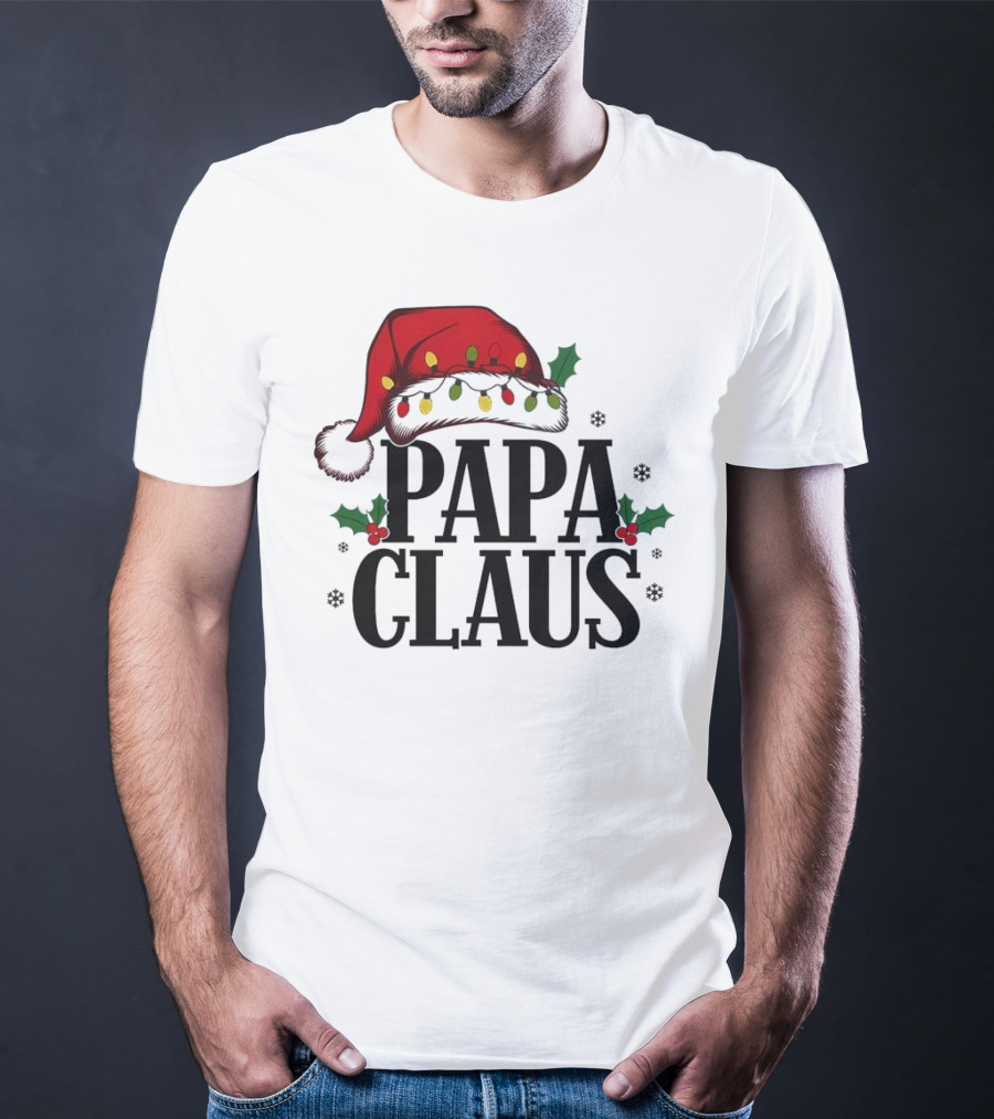 Papa Claus Christmas Santa Hat Holly Lights Snowflakes T-Shirt