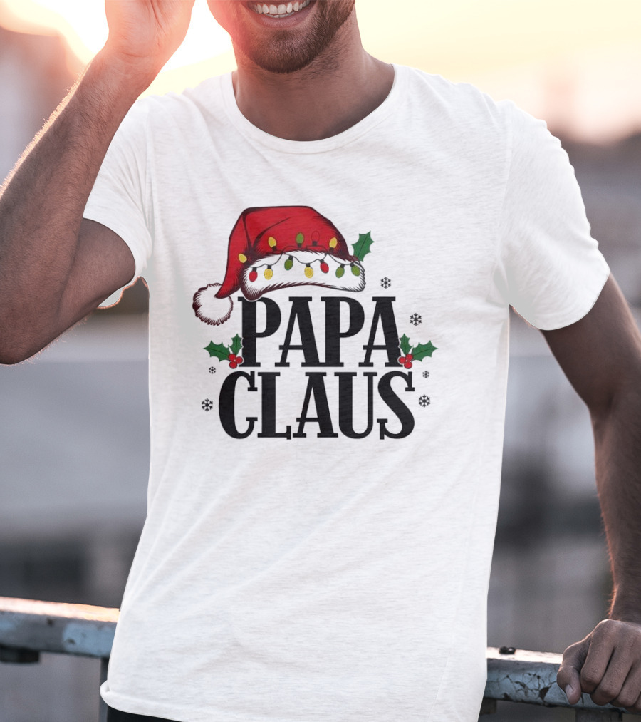 Papa Claus Christmas Santa Hat Holly Lights Snowflakes T-Shirt