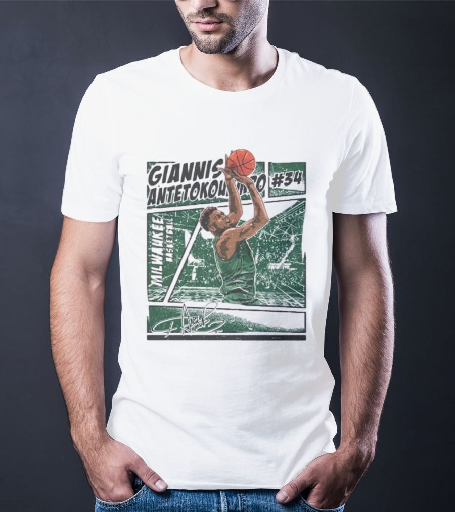 Giannis Antetokounmpo Milwaukee Basketball Signature #34 Comic T-Shirt