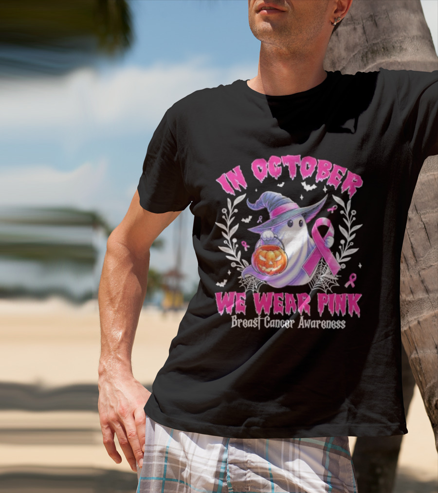 In October We Wear Pink Breast Cancer Awareness Ghost With Pumpkin And Witch Hat T-Shirt