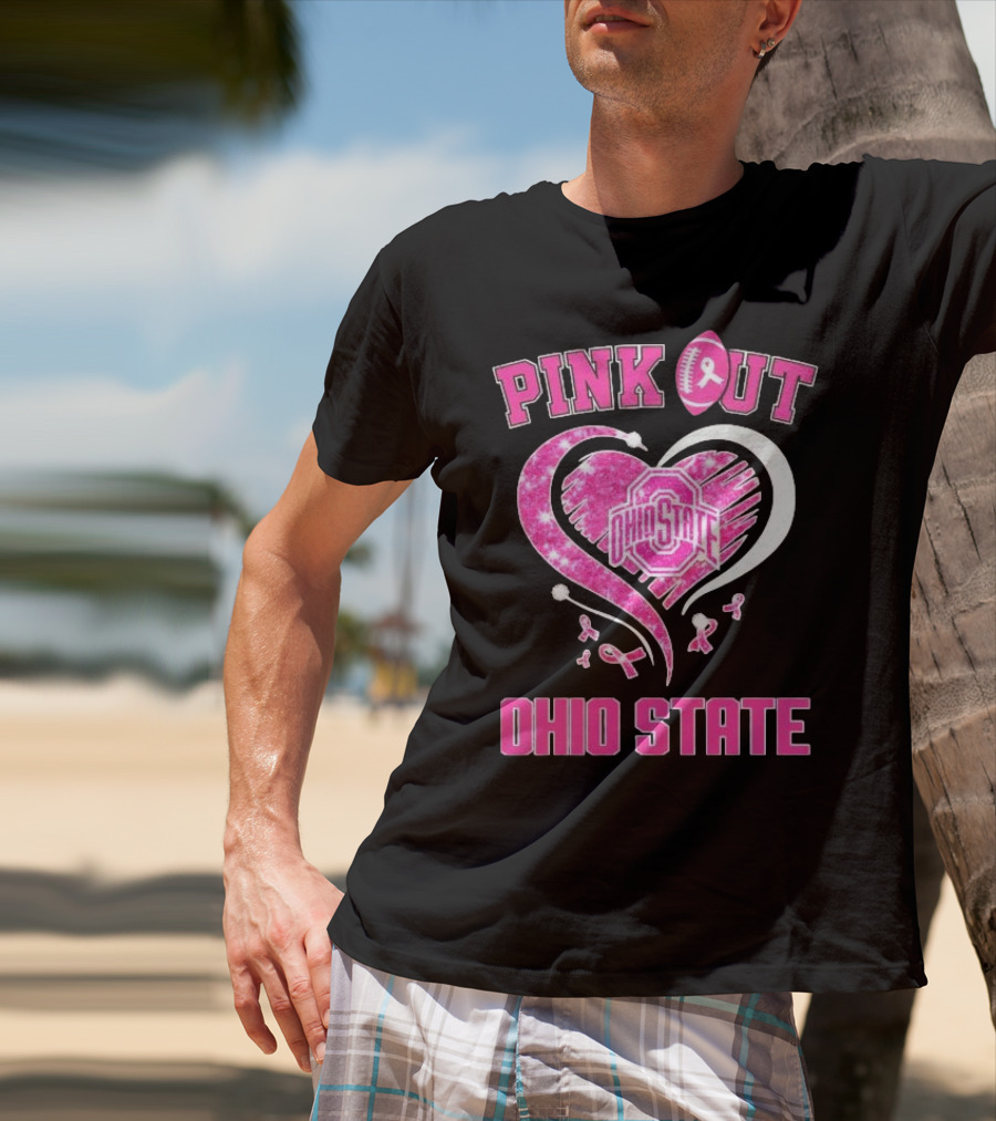 Ohio State Pink Out Breast Cancer Heart Football T-Shirt