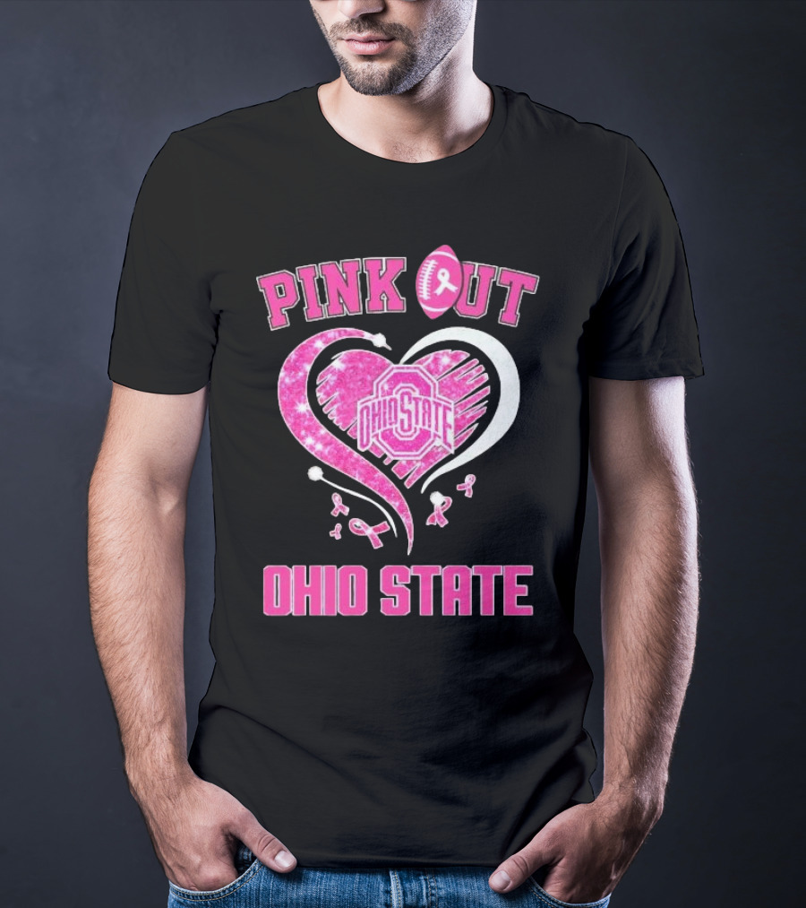 Ohio State Pink Out Breast Cancer Heart Football T-Shirt