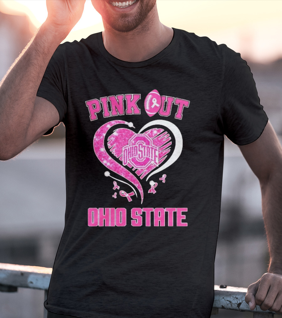 Ohio State Pink Out Breast Cancer Heart Football T-Shirt