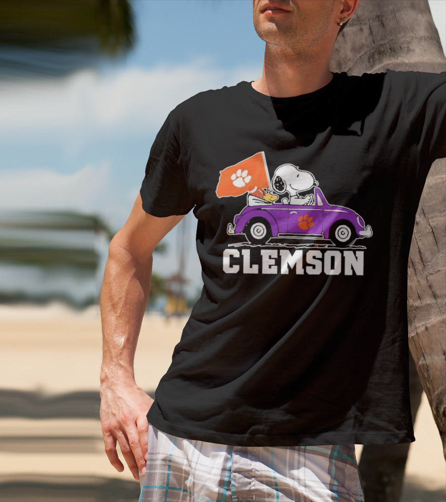Snoopy And Woodstock In Purple Car With Clemson Flag T-Shirt