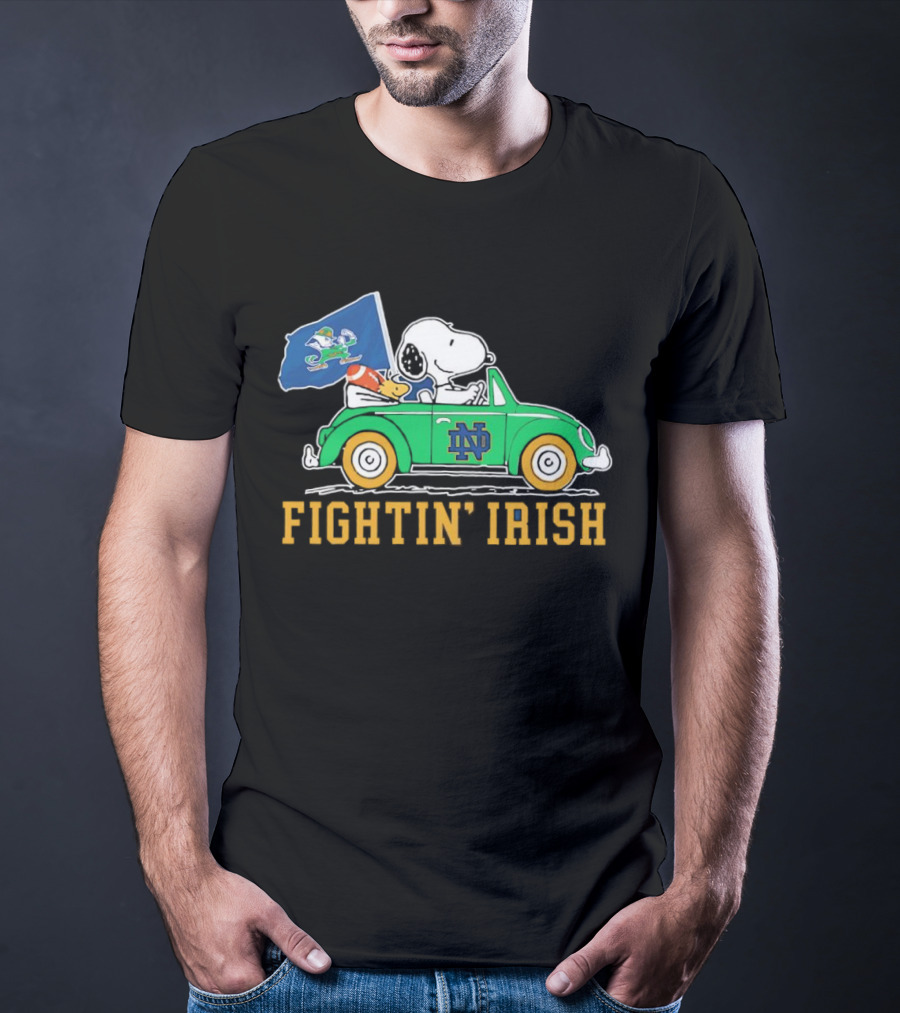 Snoopy And Woodstock Driving ND Car Fightin' Irish T-Shirt