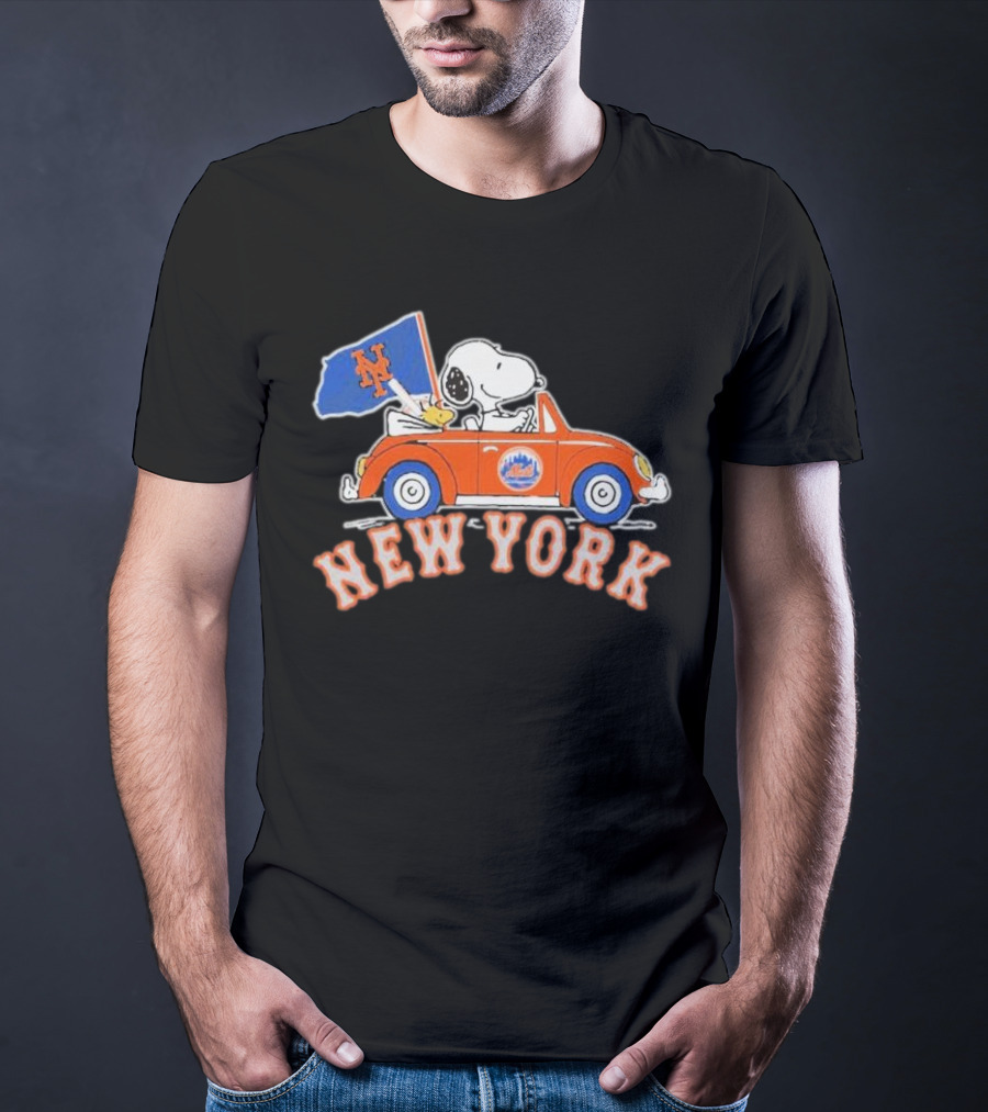 Snoopy Driving Car With New York Mets Flag T-Shirt