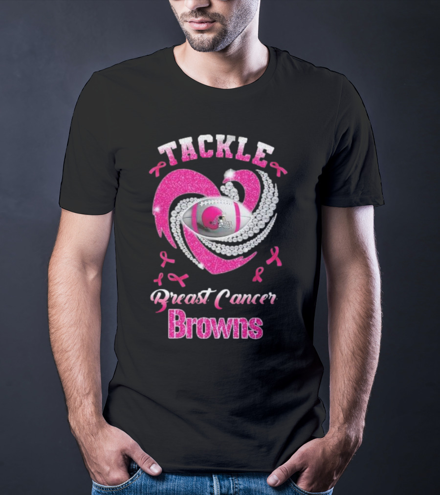 Tackle Breast Cancer Browns Pink Ribbon Football T-Shirt