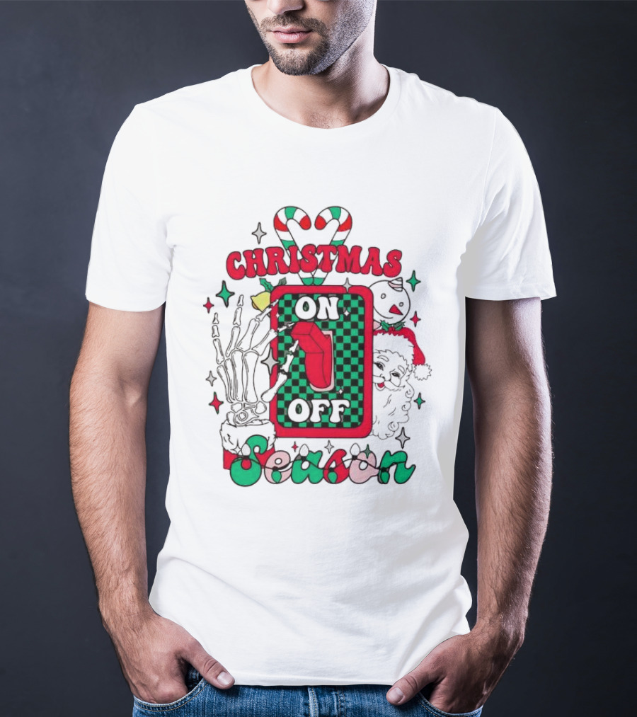 Christmas Season On Off Skeleton Hand Santa Claus T-Shirt