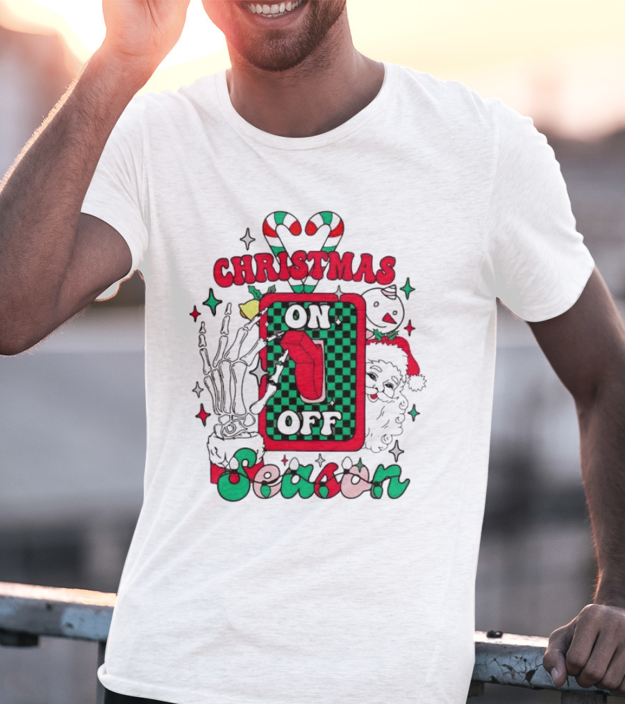 Christmas Season On Off Skeleton Hand Santa Claus T-Shirt