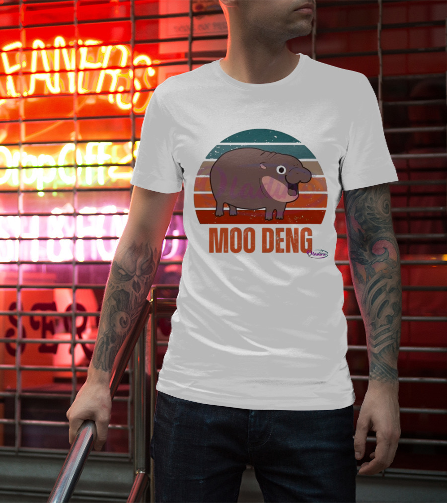 Retro Sunset Moo Deng Pygmy Hippo T-Shirt