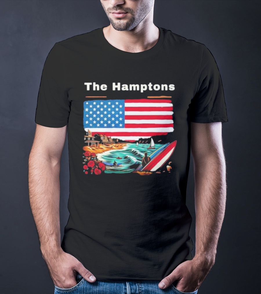 The Hamptons American Flag Beach Oceanside Surfing Scene T-Shirt