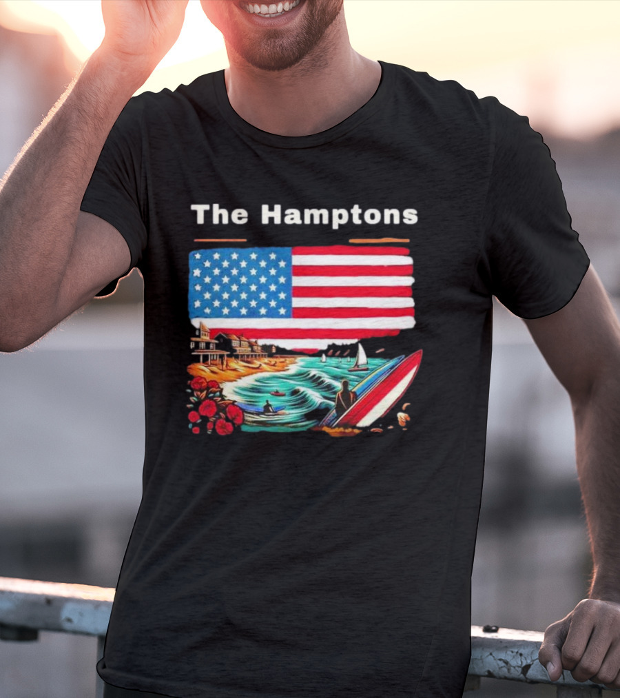 The Hamptons American Flag Beach Oceanside Surfing Scene T-Shirt